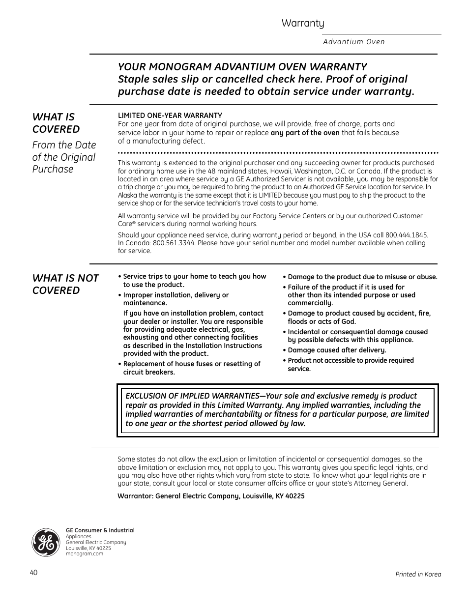 Warranty, What is not covered | GE ZSC2202NSS User Manual | Page 40 / 40