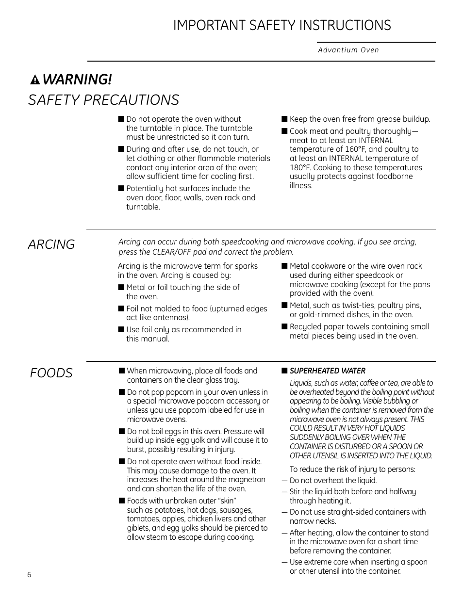 Warning, Safety precautions, Important safety instructions | Arcing, Foods | GE ZSC2202NSS User Manual | Page 6 / 40