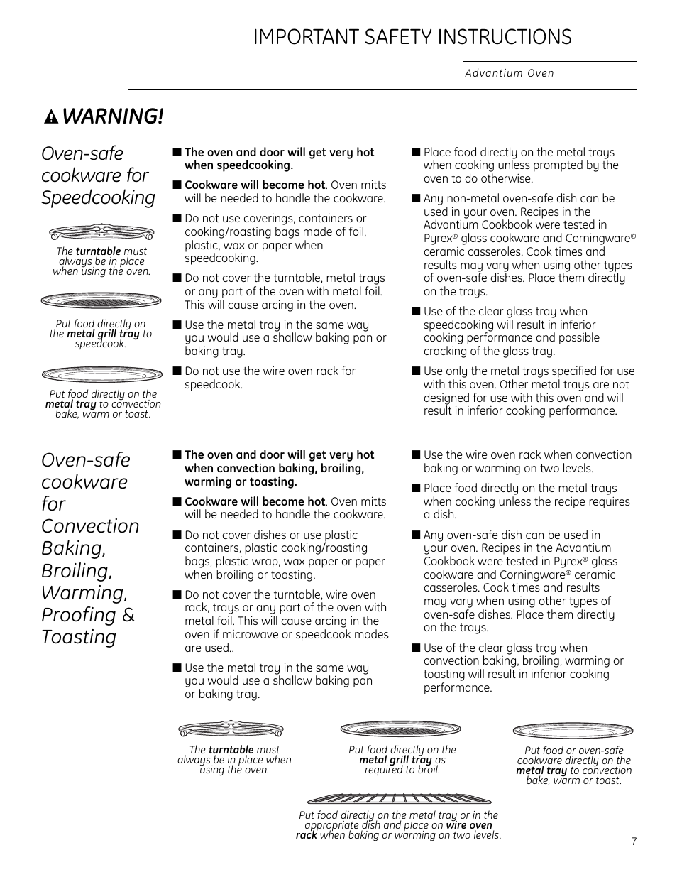 Speedcook-safe cookware, Warning, Important safety instructions | Oven-safe cookware for speedcooking | GE ZSC2202NSS User Manual | Page 7 / 40