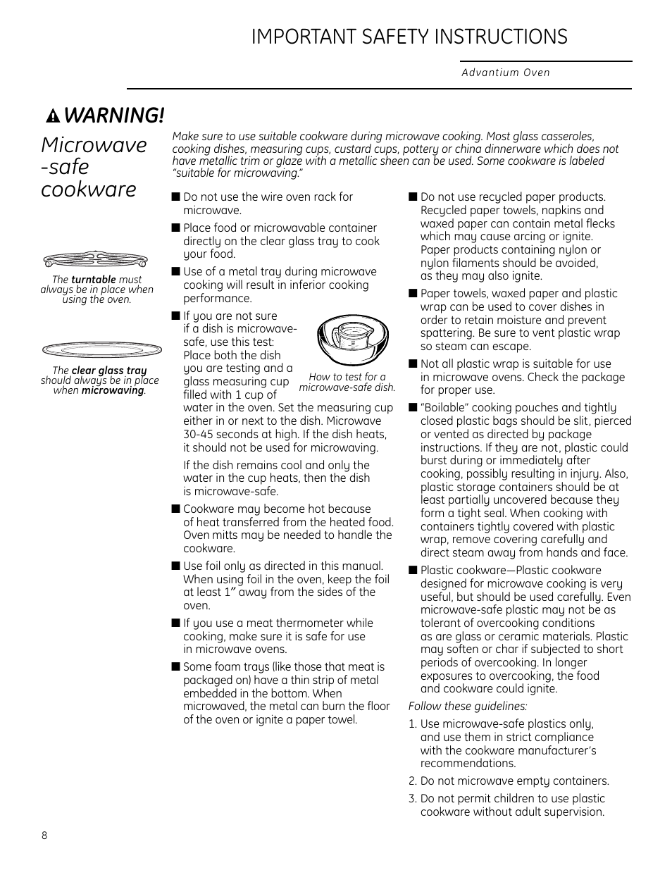 Microwave-safe cookware, Warning, Microwave -safe cookware | Important safety instructions | GE ZSC2202NSS User Manual | Page 8 / 40