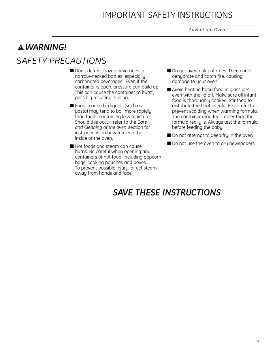Warning, Safety precautions save these instructions, Important safety instructions | GE ZSC2202NSS User Manual | Page 9 / 40