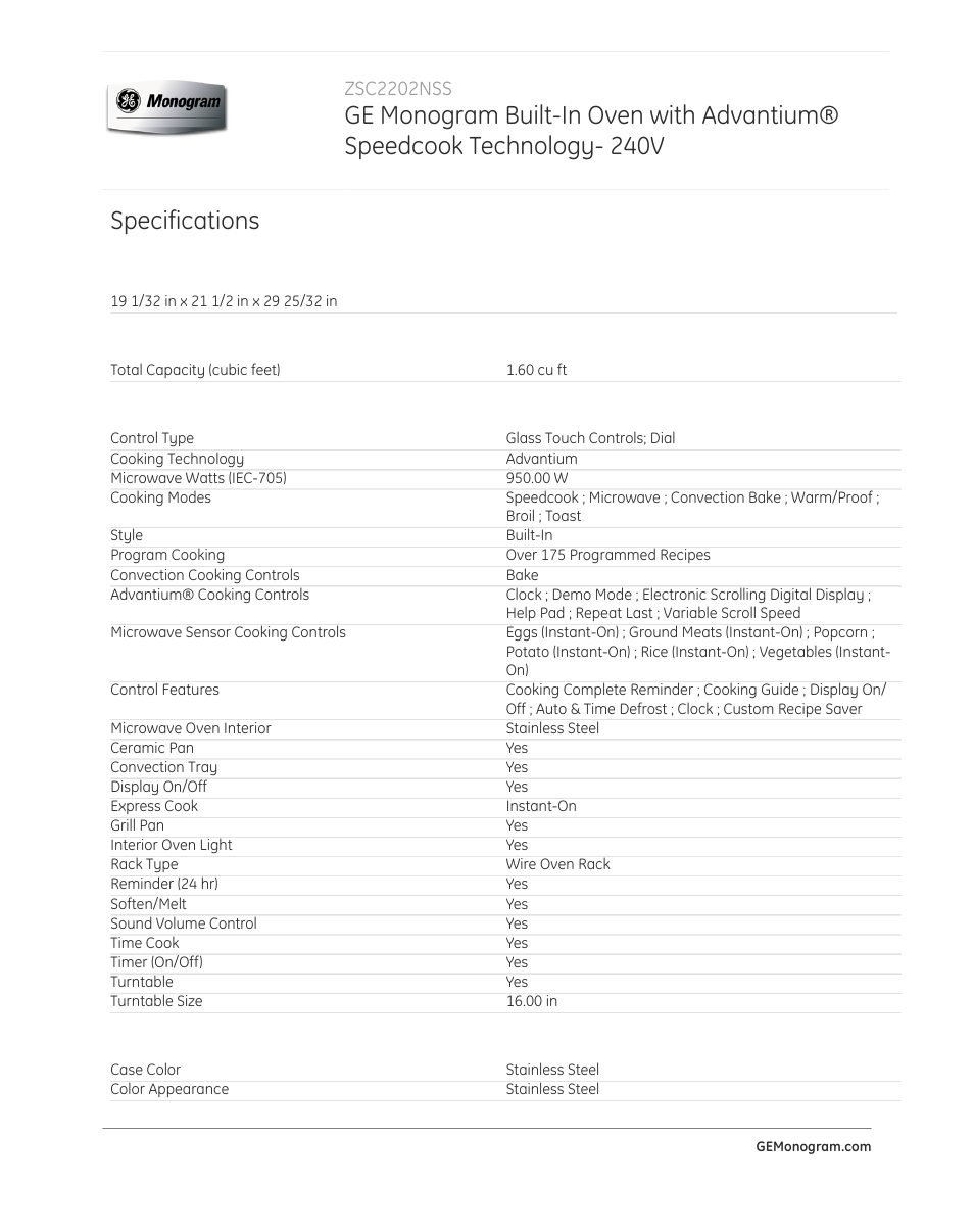 Specifications, Zsc2202nss | GE ZSC2202NSS User Manual | Page 3 / 4
