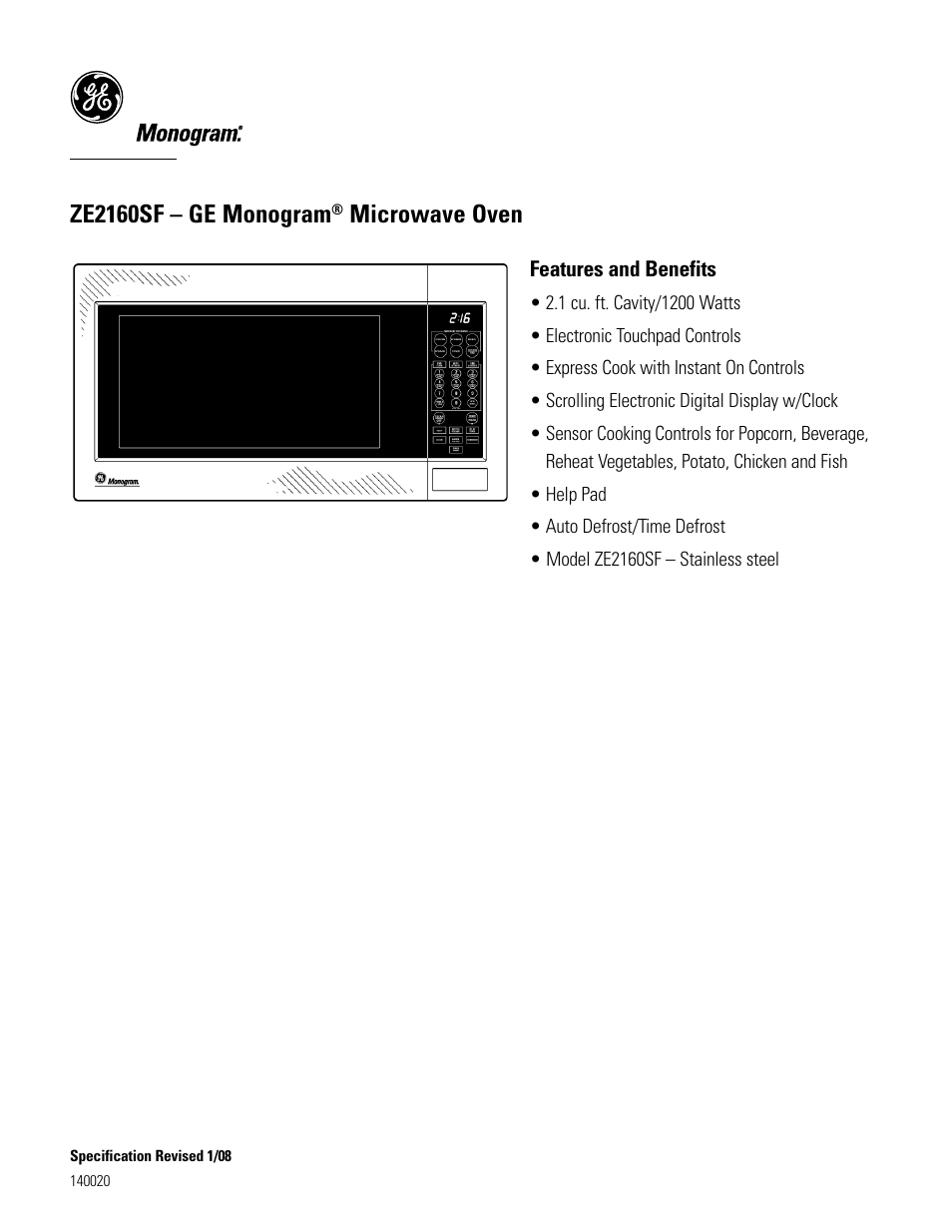 Ze2160sf – ge monogram, Microwave oven | GE ZE2160SF User Manual | Page 2 / 2