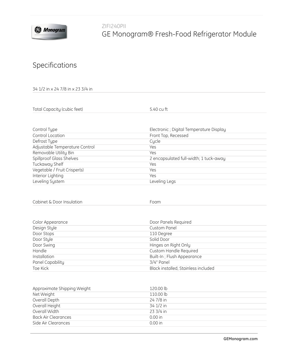 Ge monogram® fresh-food refrigerator module, Specifications, Zifi240pii | GE ZIFI240PII User Manual | Page 2 / 3