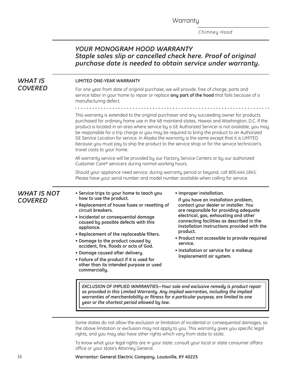 Warranty, What is not covered | GE ZV830SMSS User Manual | Page 16 / 40