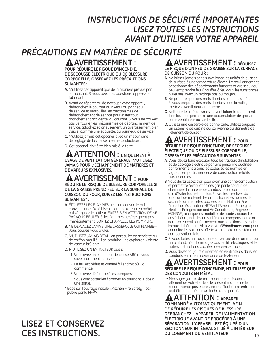 Précautions en matière de sécurité, Avertissement, Attention | GE ZV830SMSS User Manual | Page 19 / 40
