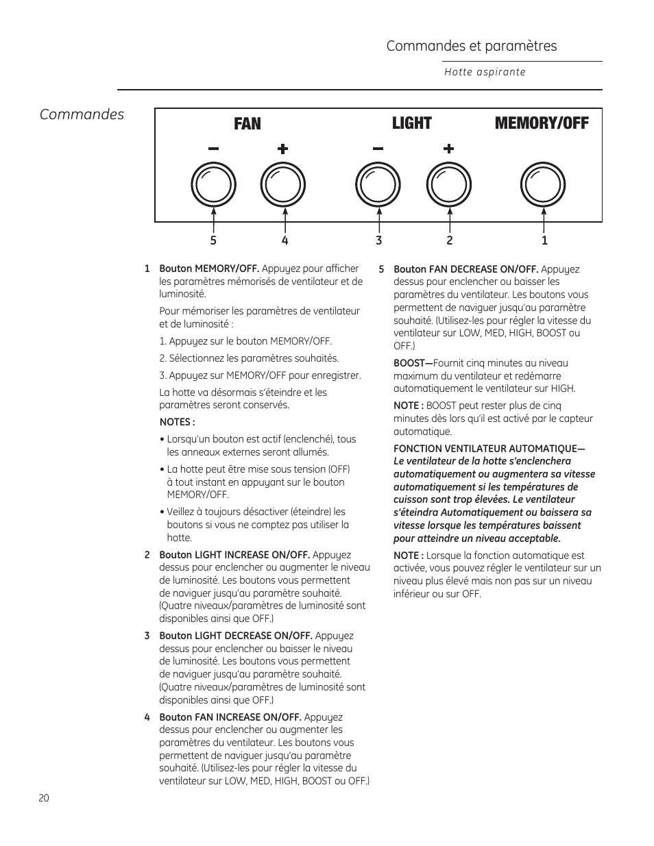 Commandes et paramètres, Commandes | GE ZV830SMSS User Manual | Page 20 / 40
