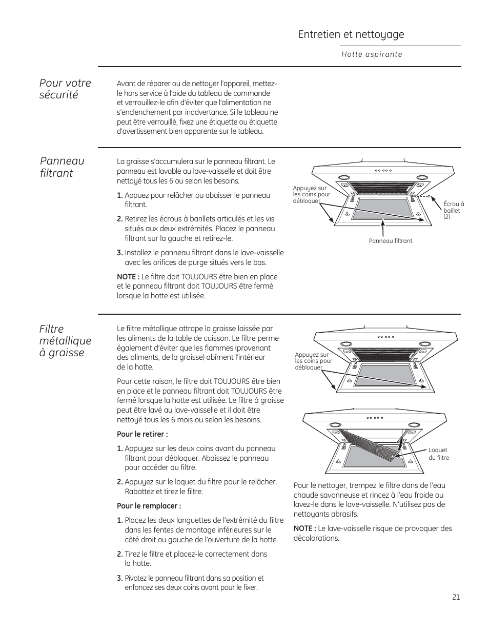 Entretien et nettoyage, Pour votre sécurité, Filtre métallique à graisse | Panneau filtrant | GE ZV830SMSS User Manual | Page 21 / 40