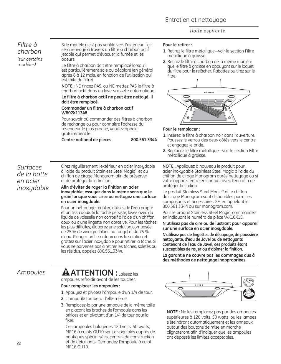 Attention, Ampoules, Filtre à charbon | GE ZV830SMSS User Manual | Page 22 / 40