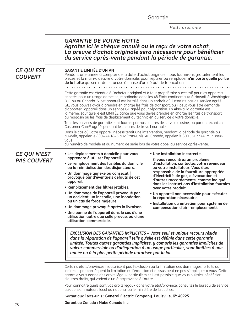 Garantie, Ce qui n’est pas couvert | GE ZV830SMSS User Manual | Page 28 / 40