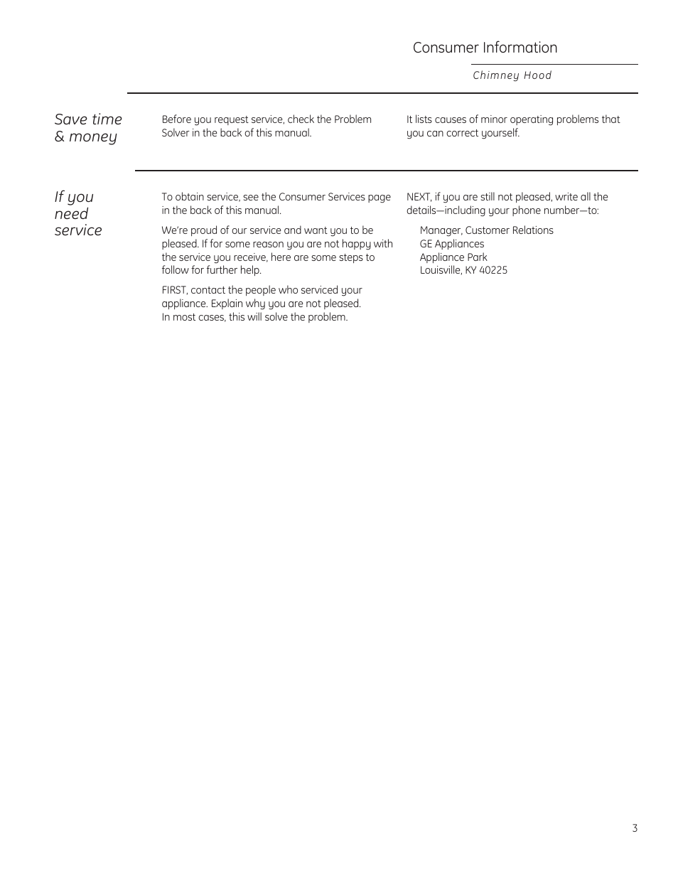 Save time & money, If you need service, Consumer information | GE ZV830SMSS User Manual | Page 3 / 40