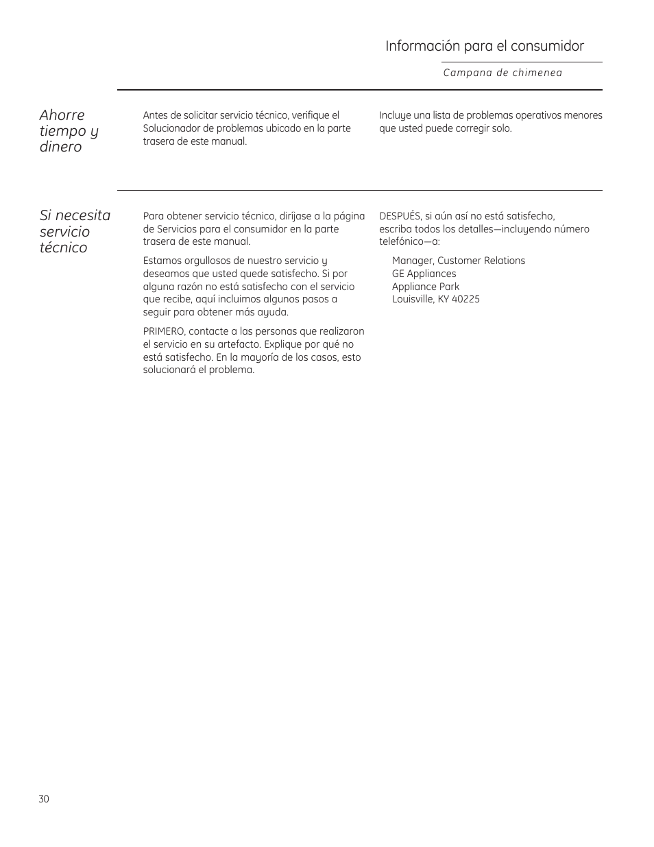 Ahorre tiempo y dinero, Si necesita servicio técnico, Información para el consumidor | GE ZV830SMSS User Manual | Page 30 / 40