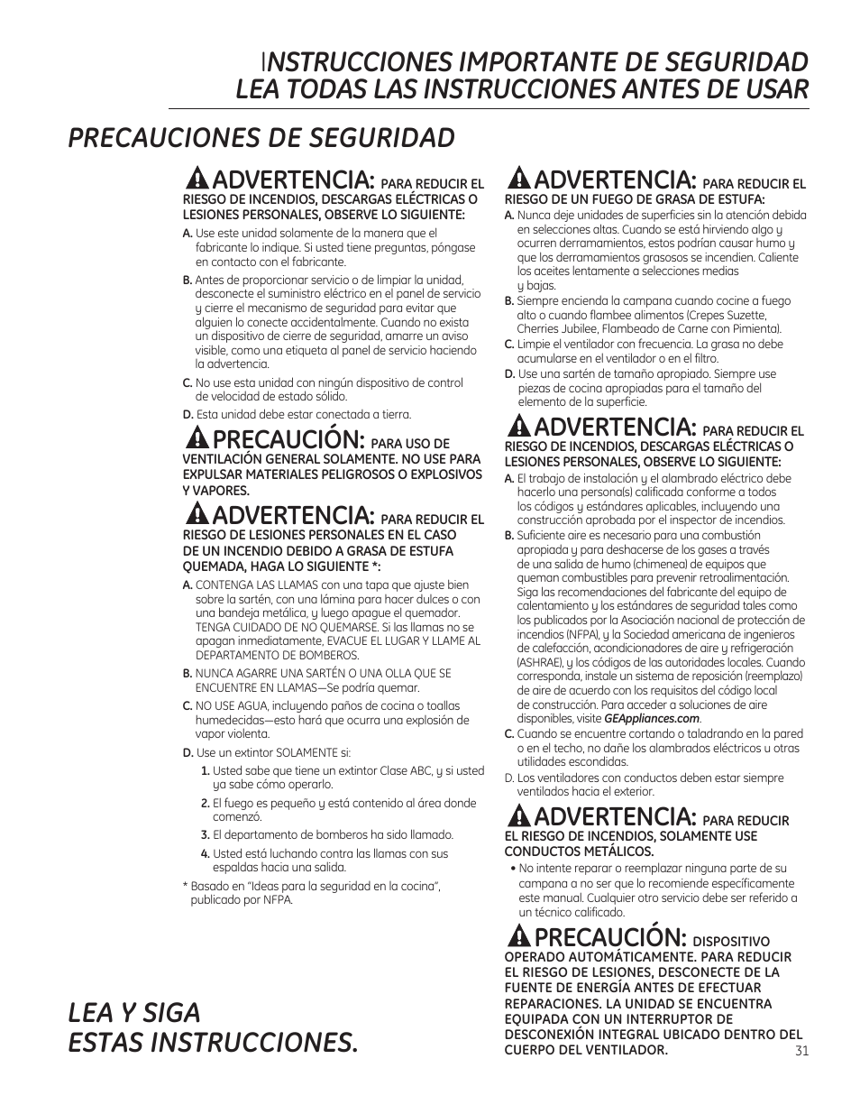Advertencia, Precaución | GE ZV830SMSS User Manual | Page 31 / 40