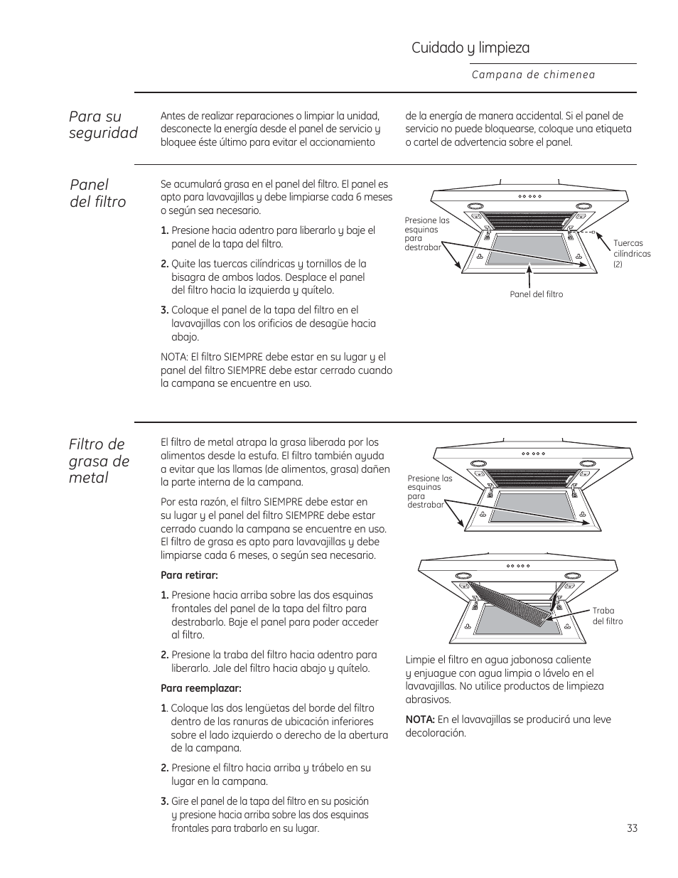Cuidado y limpieza, Para su seguridad, Panel del filtro | Filtro de grasa de metal | GE ZV830SMSS User Manual | Page 33 / 40
