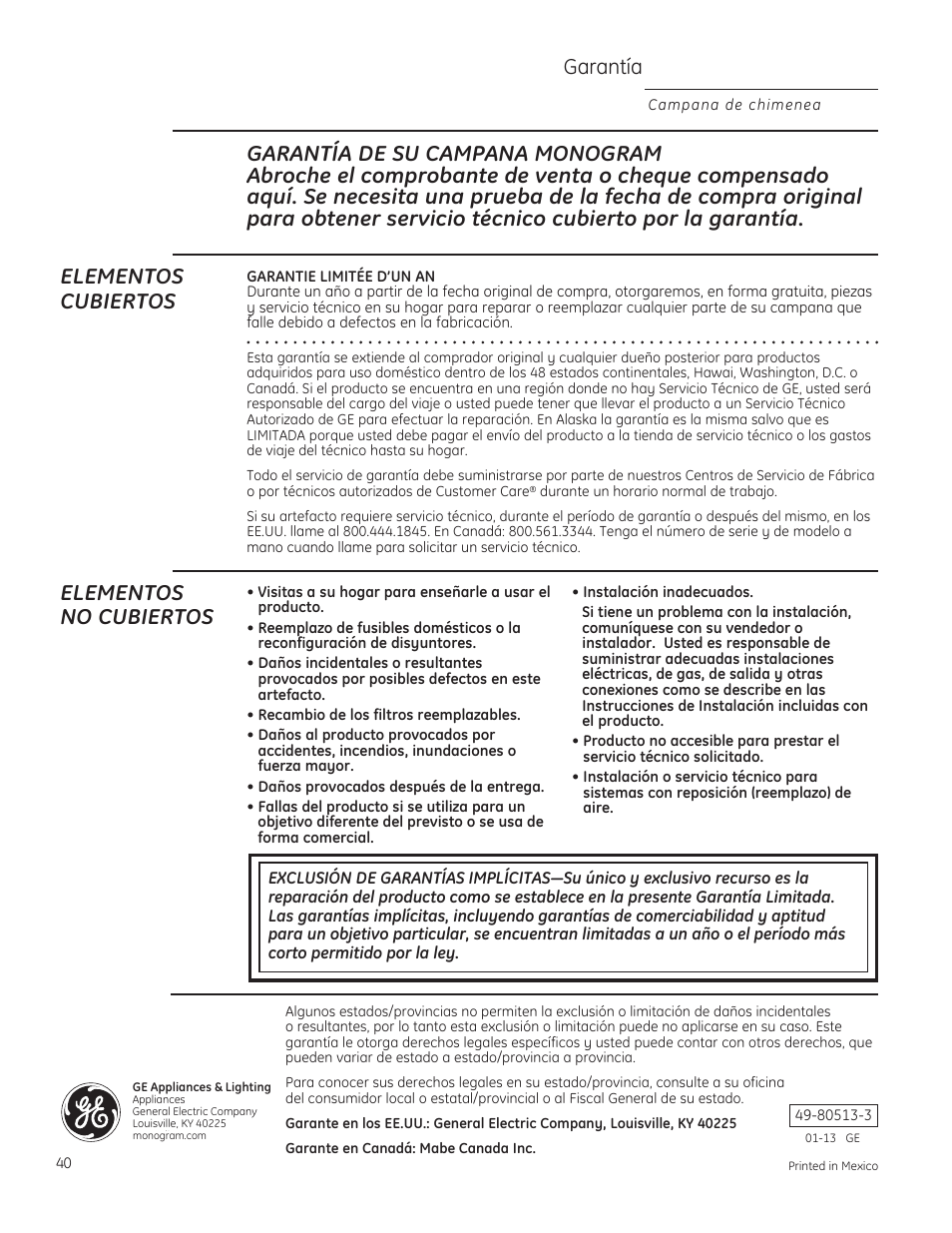 Garantía, Elementos no cubiertos | GE ZV830SMSS User Manual | Page 40 / 40