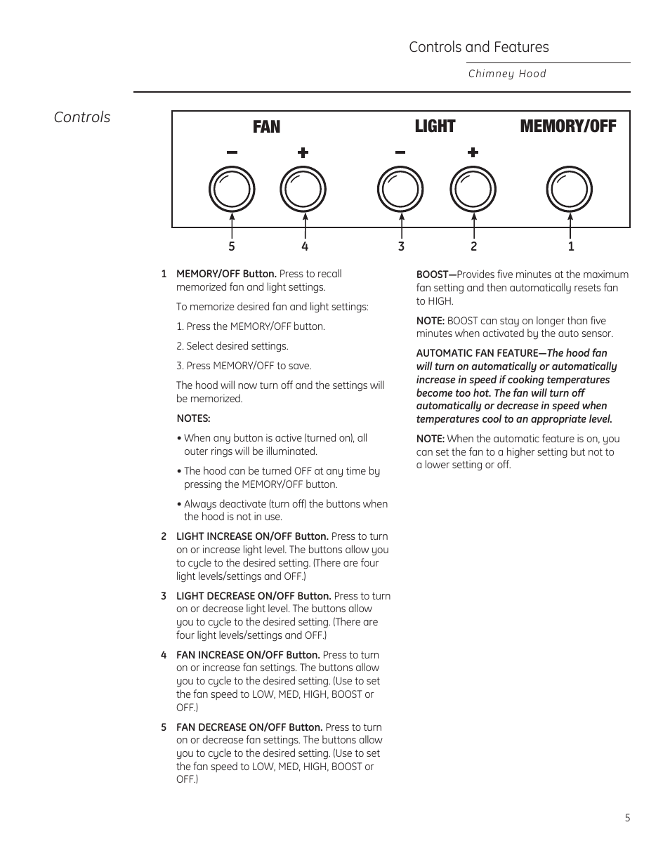 Controls and features, Controls | GE ZV830SMSS User Manual | Page 5 / 40