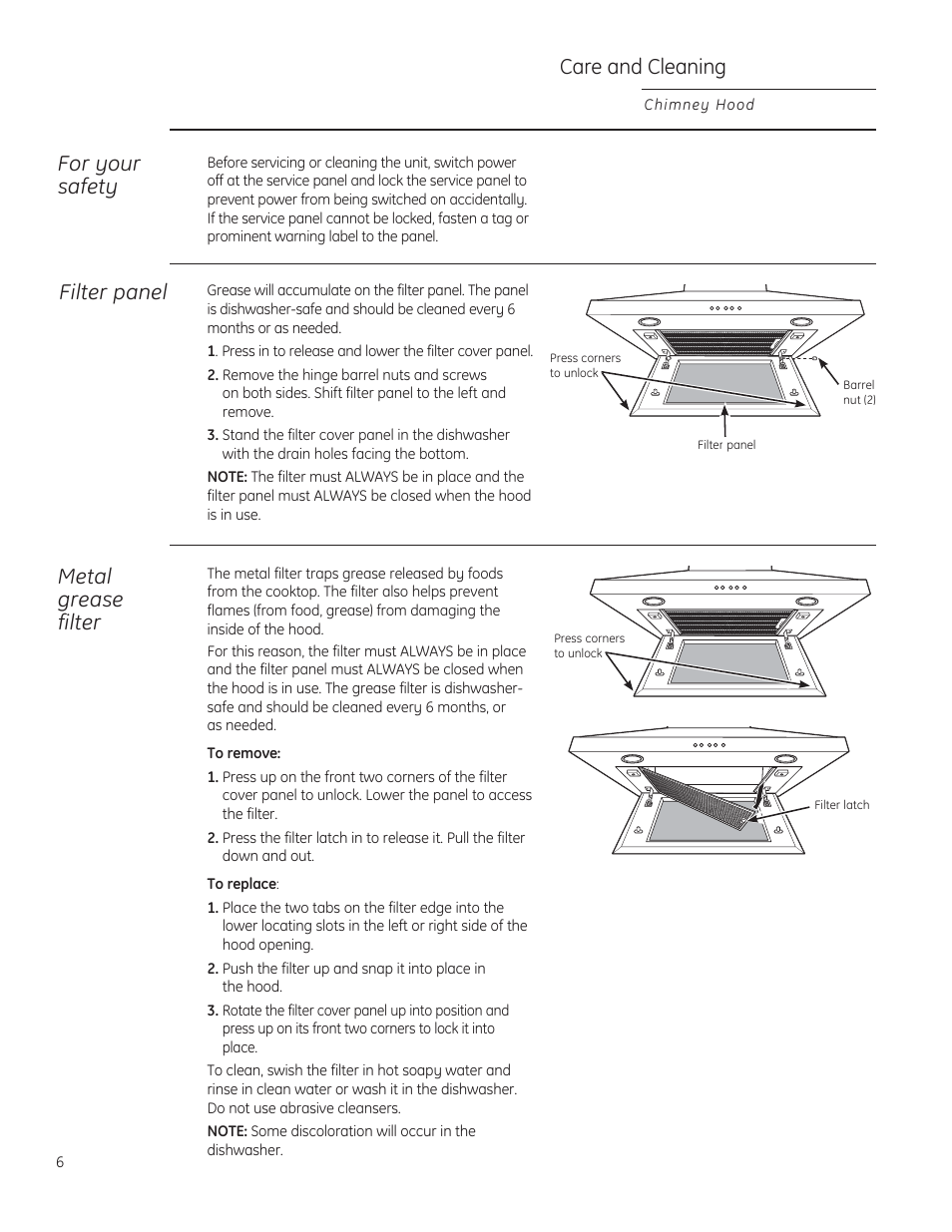 Care and cleaning, For your safety, Metal grease filter filter panel | GE ZV830SMSS User Manual | Page 6 / 40