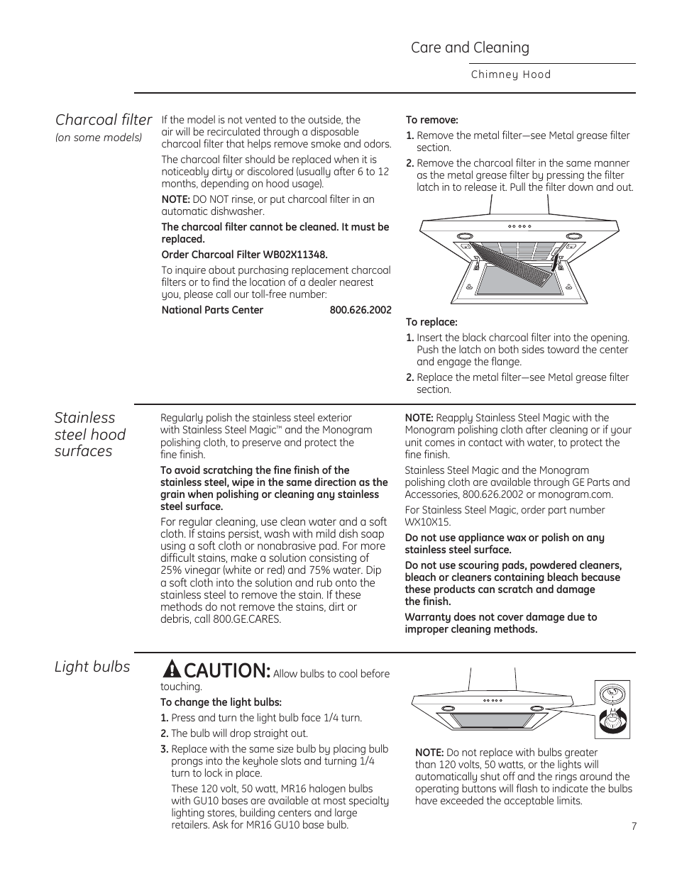 Caution, Light bulbs, Stainless steel hood surfaces care and cleaning | Charcoal filter | GE ZV830SMSS User Manual | Page 7 / 40