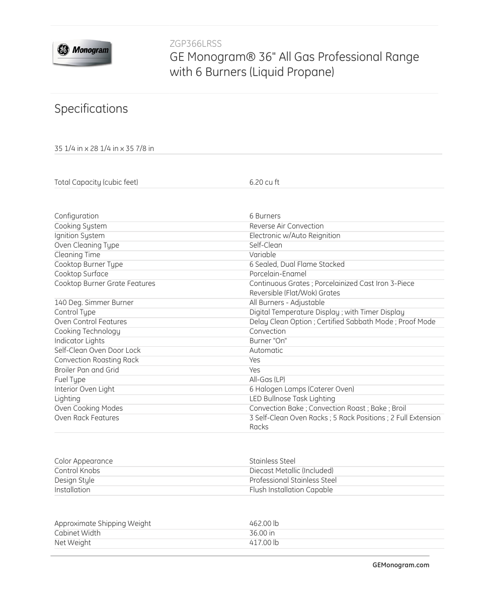 Specifications, Zgp366lrss | GE ZGP366LRSS User Manual | Page 3 / 4