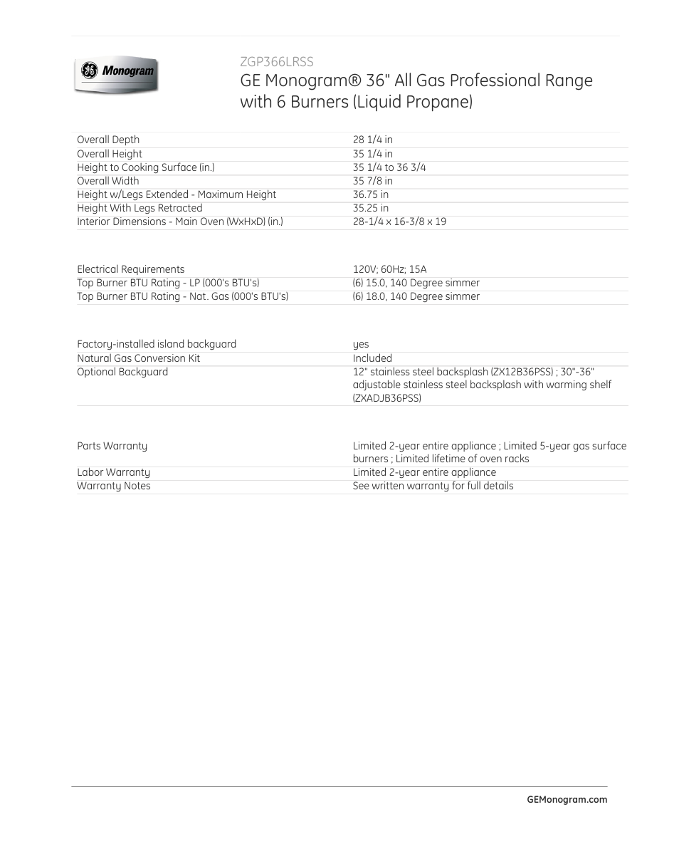 GE ZGP366LRSS User Manual | Page 4 / 4