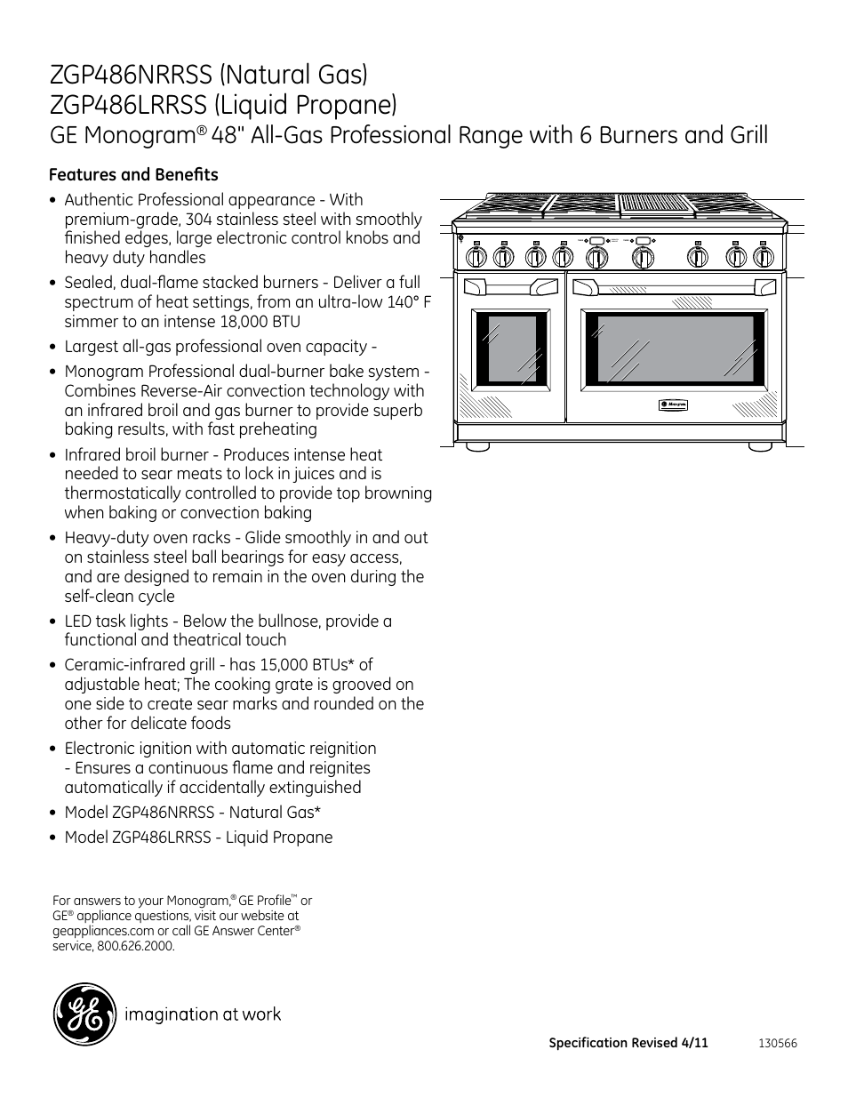 Ge monogram, Features and benefits, Zdp486nrpss | GE ZGP486NRRSS User Manual | Page 3 / 3