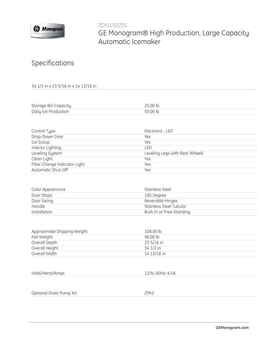 Specifications | GE ZDIS150ZSS User Manual | Page 2 / 3