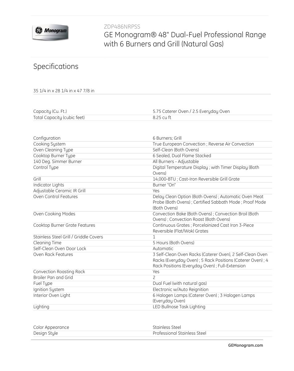 Specifications, Zdp486nrpss | GE ZDP486NRPSS User Manual | Page 3 / 4