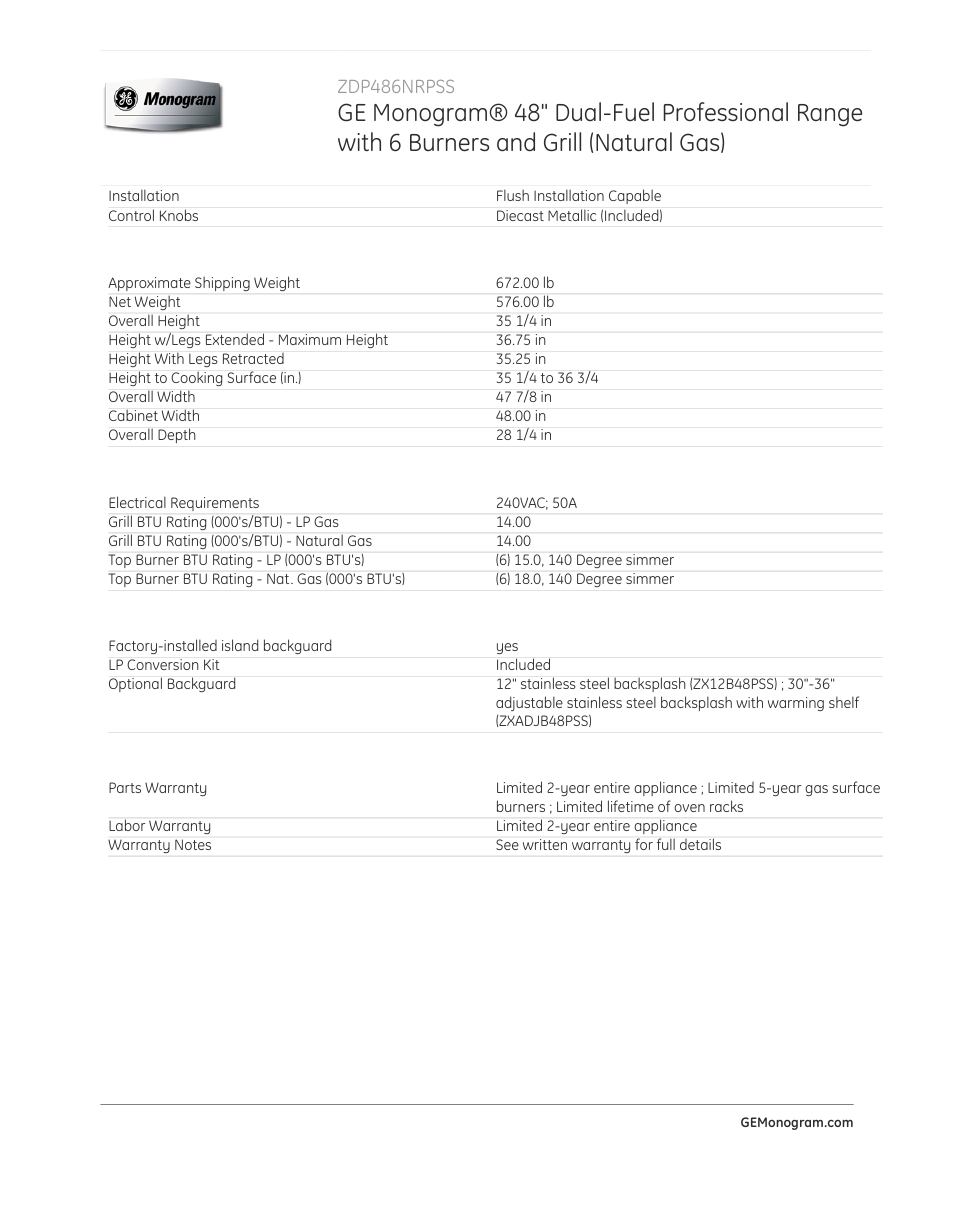 Zdp486nrpss | GE ZDP486NRPSS User Manual | Page 4 / 4