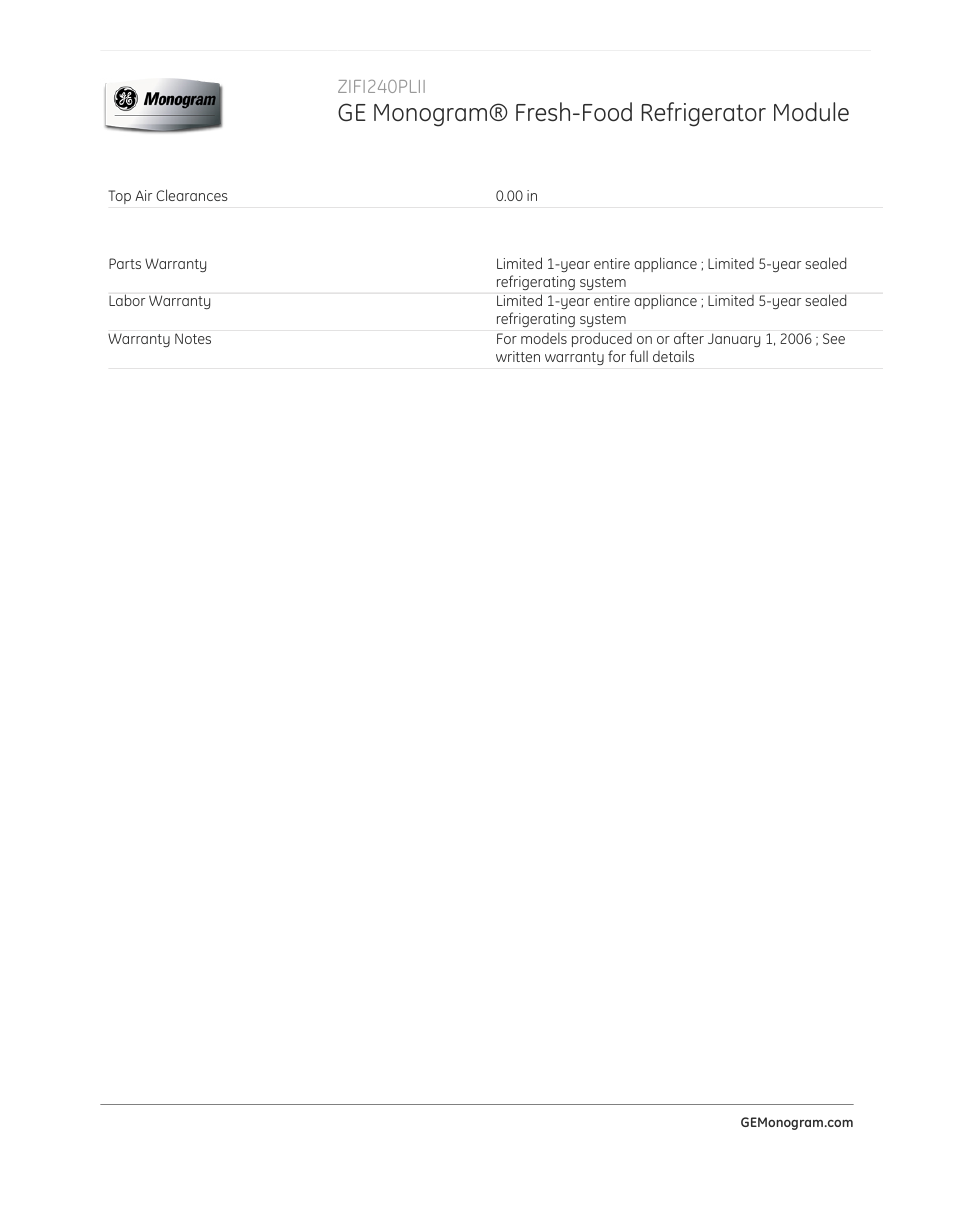 Ge monogram® fresh-food refrigerator module | GE ZIFI240PLII User Manual | Page 3 / 3