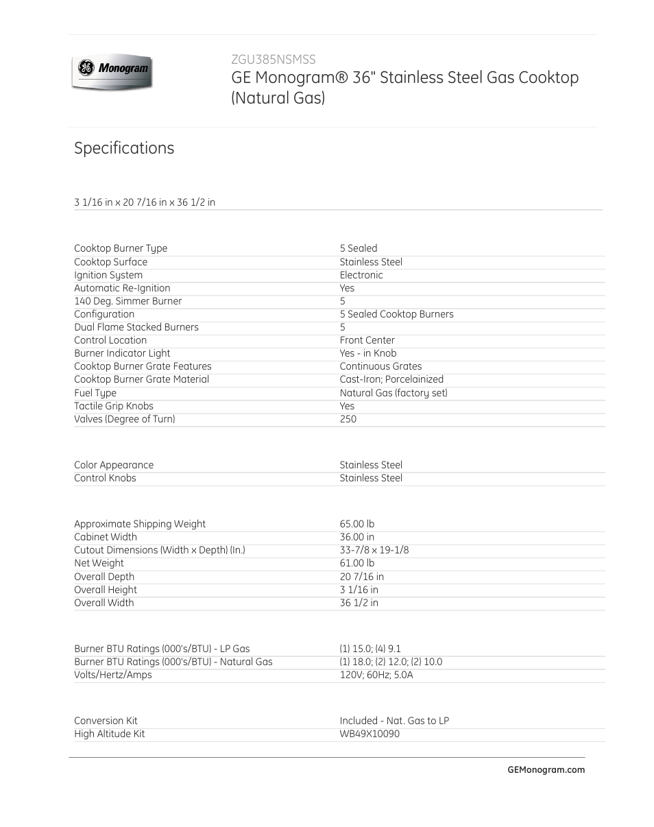 Specifications | GE ZGU385NSMSS User Manual | Page 2 / 3