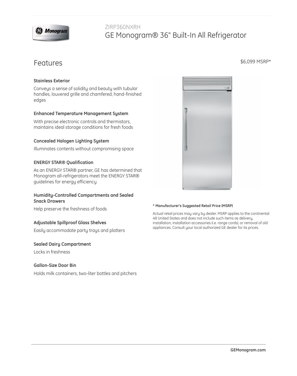 GE ZIRP360NXRH User Manual | 3 pages