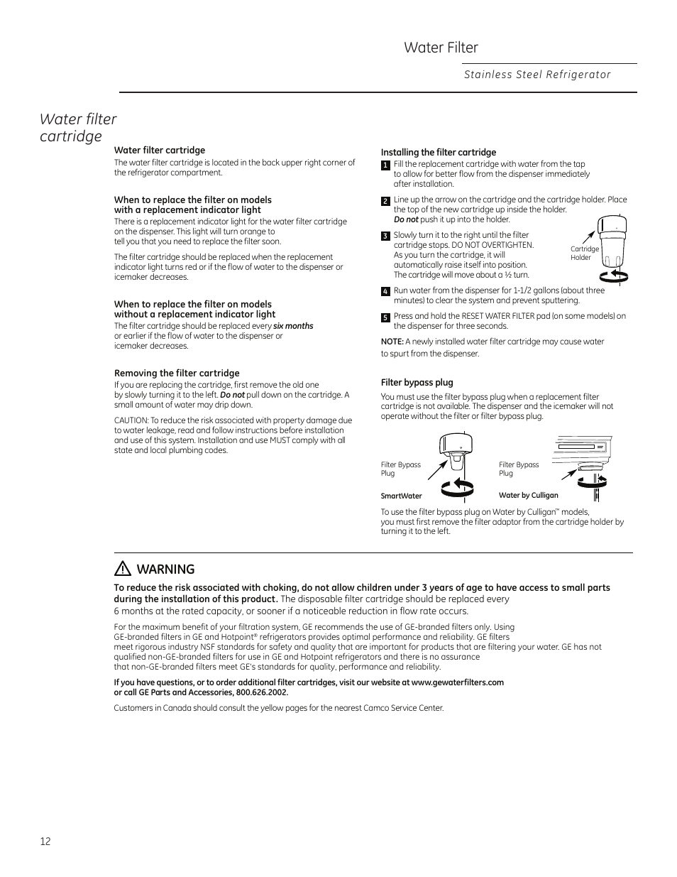 Water filter cartridge water filter, Warning | GE ZFSB25DXSS User Manual | Page 12 / 32