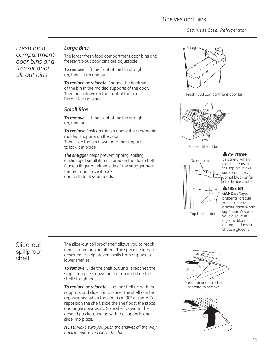 Shelves and bins, Slide-out spillproof shelf | GE ZFSB25DXSS User Manual | Page 13 / 32