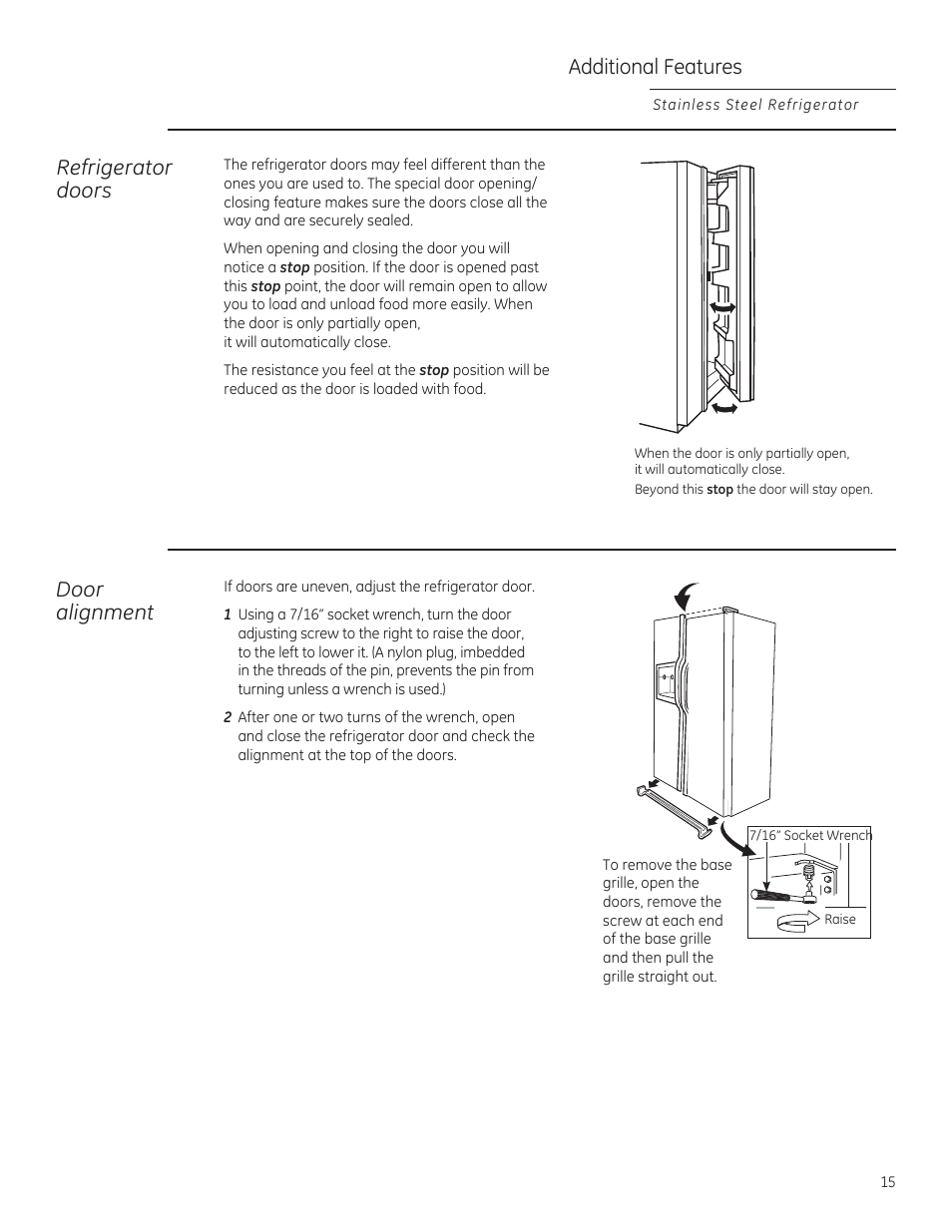 Refrigerator doors, Additional features, Door alignment | GE ZFSB25DXSS User Manual | Page 15 / 32