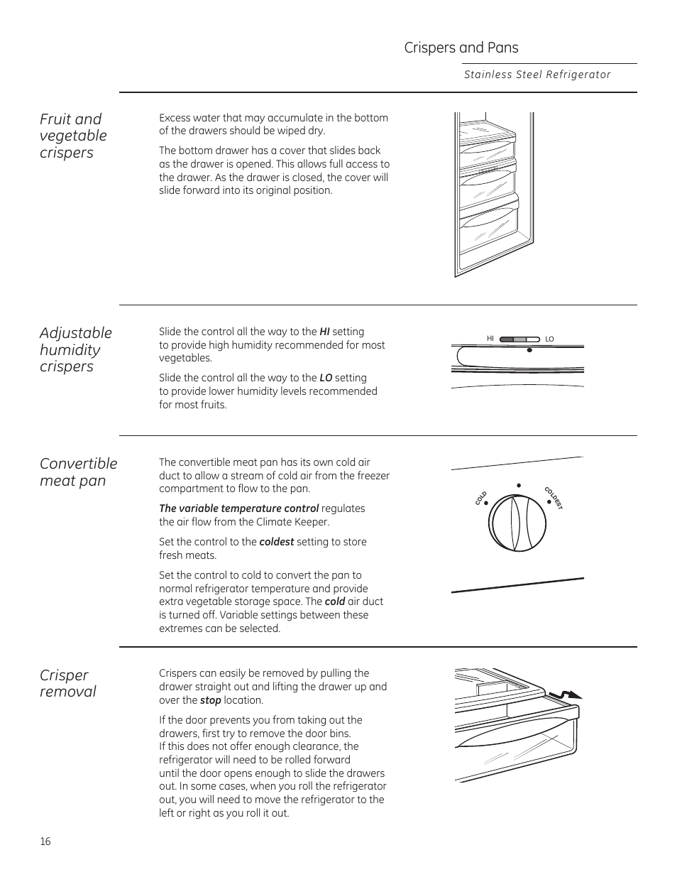 Crispers and pans, Fruit and vegetable crispers, Adjustable humidity crispers | Convertible meat pan, Crisper removal | GE ZFSB25DXSS User Manual | Page 16 / 32