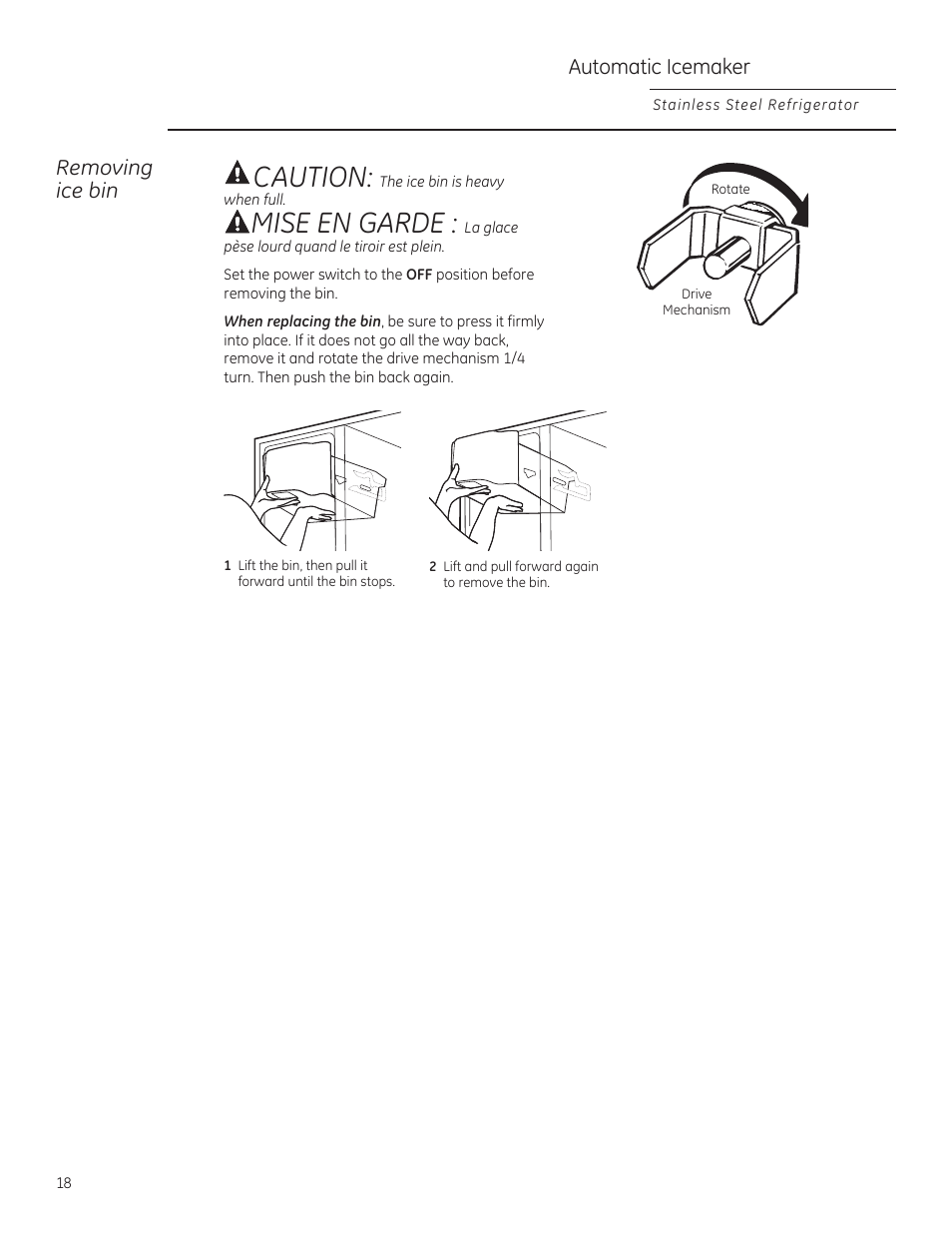 Caution, Mise en garde, Automatic icemaker | Removing ice bin | GE ZFSB25DXSS User Manual | Page 18 / 32