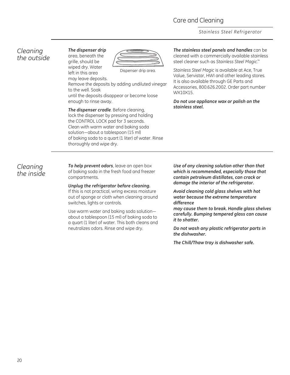 Care and cleaning, Cleaning the outside, Cleaning the inside | GE ZFSB25DXSS User Manual | Page 20 / 32