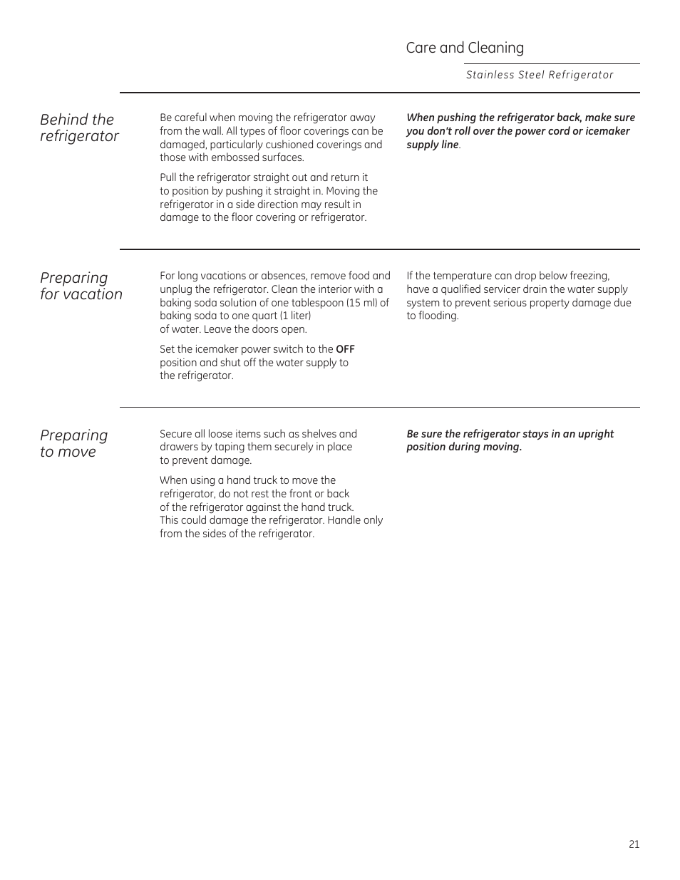 Care and cleaning, Behind the refrigerator, Preparing for vacation | Preparing to move | GE ZFSB25DXSS User Manual | Page 21 / 32