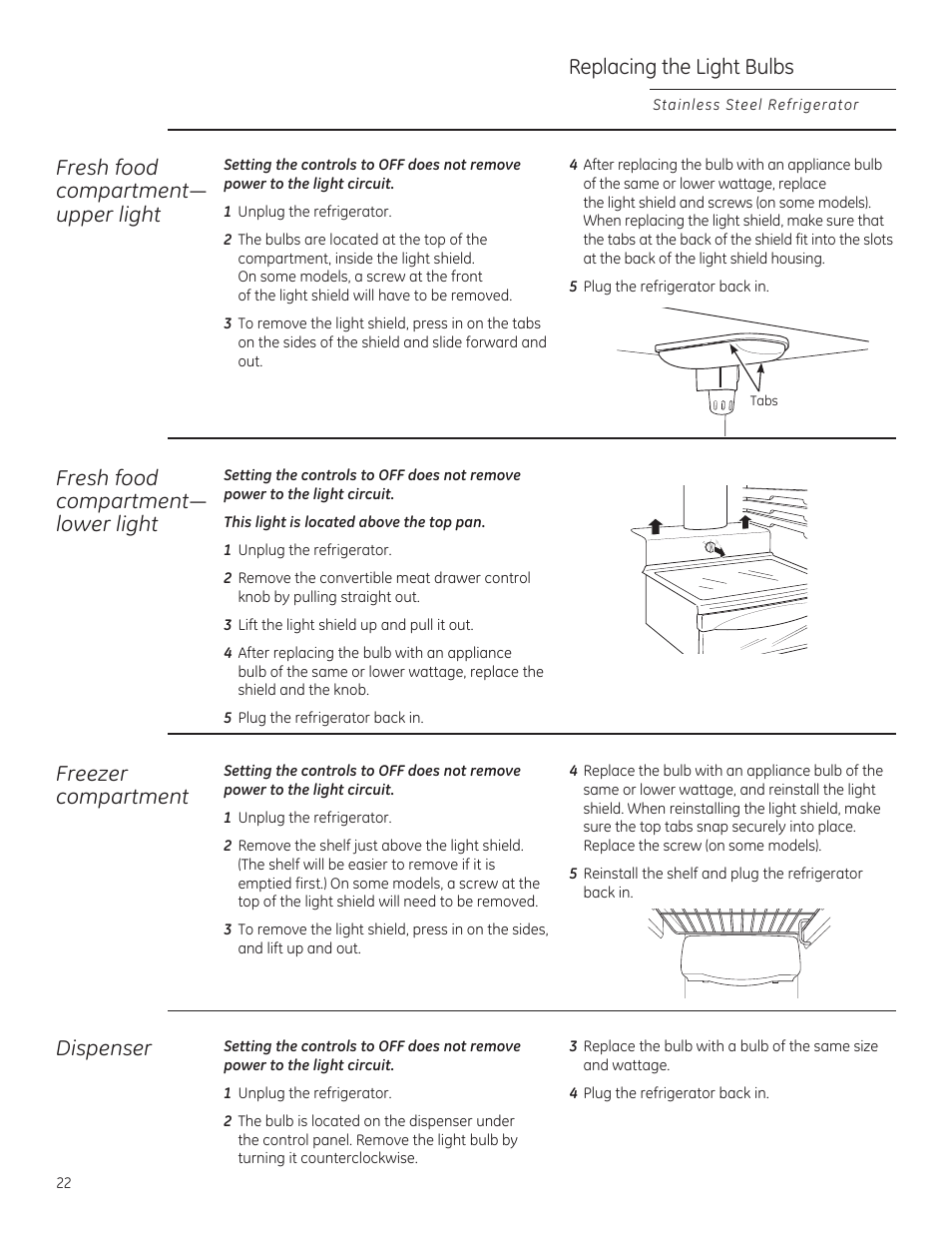 Replacing the light bulbs, Fresh food frpsduwphqw³ upper light, Fresh food frpsduwphqw³ lower light | Freezer compartment, Dispenser | GE ZFSB25DXSS User Manual | Page 22 / 32