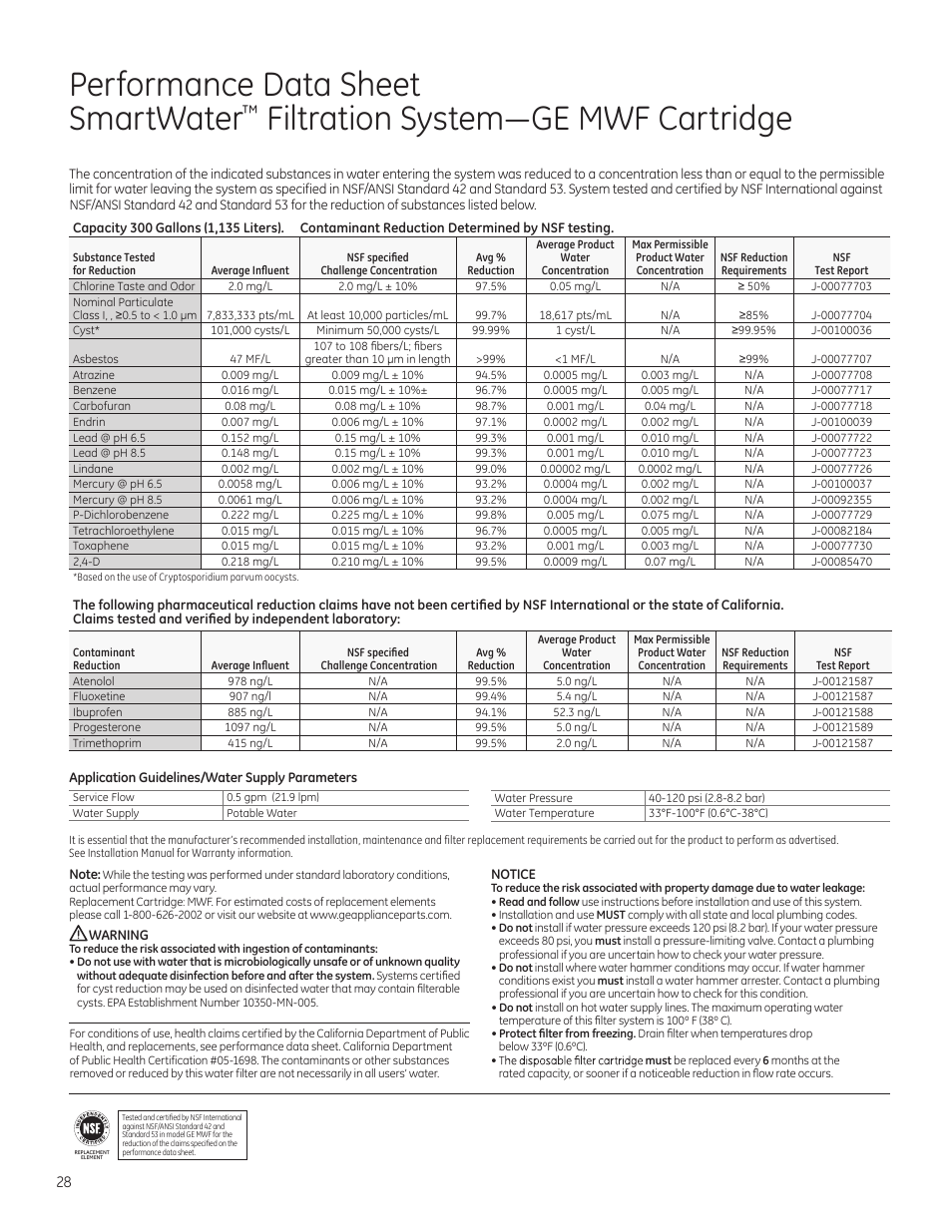 Performance data sheet smartwater, Filtration system³ge mwf cartridge | GE ZFSB25DXSS User Manual | Page 28 / 32