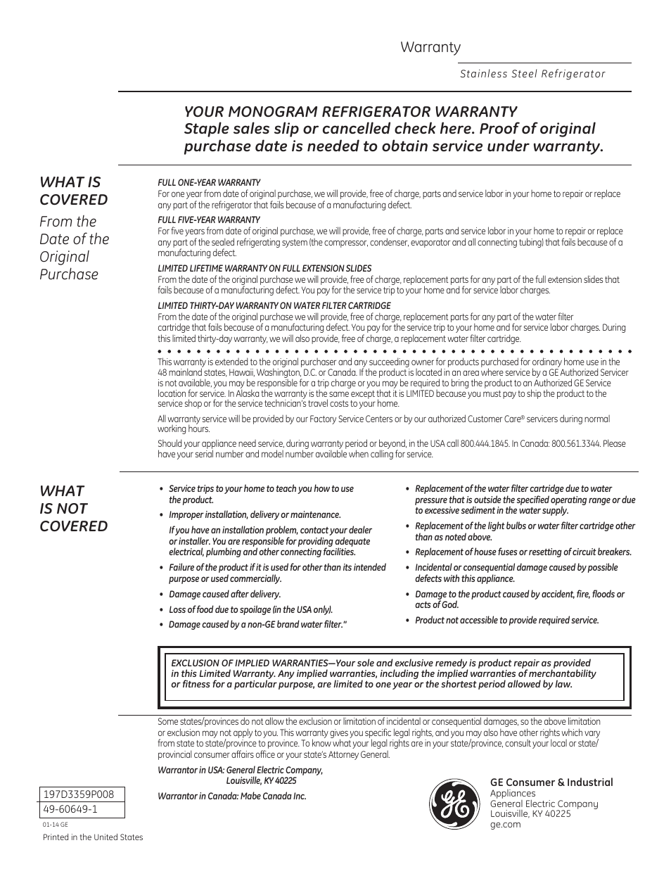 What is not covered, Warranty | GE ZFSB25DXSS User Manual | Page 32 / 32