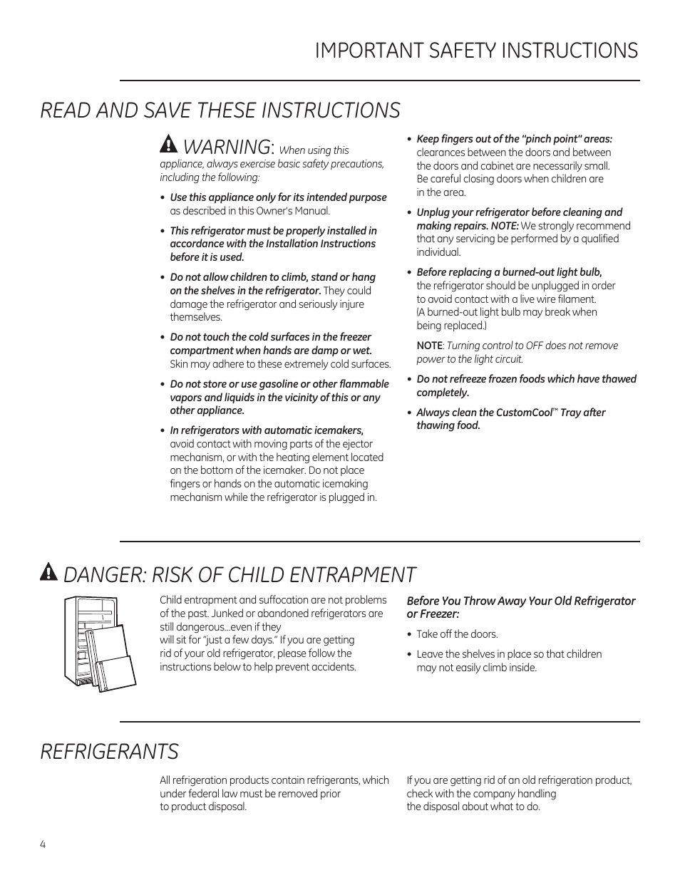 Read and save these instructions, Refrigerants, Warning | GE ZFSB25DXSS User Manual | Page 4 / 32