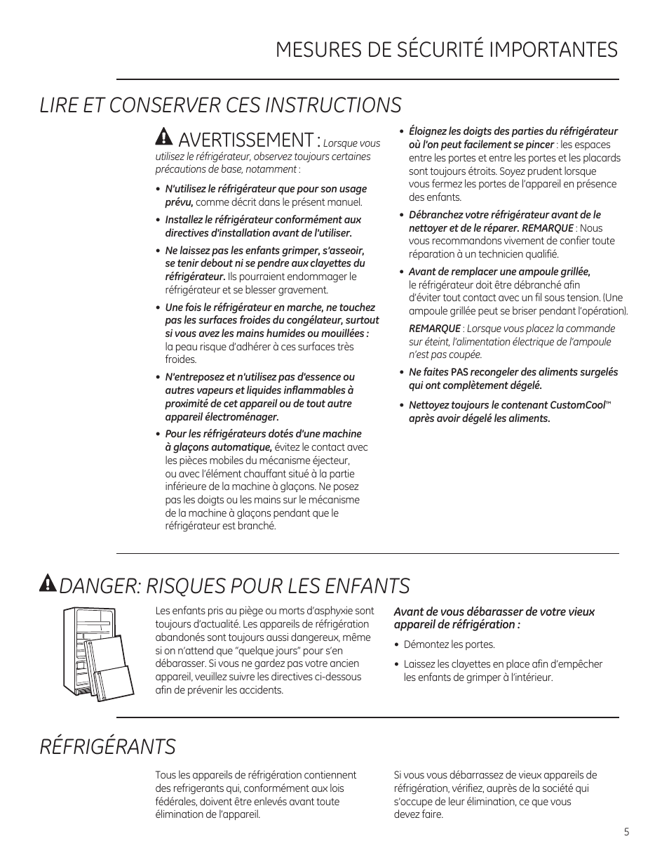 Danger: risques pour les enfants, Réfrigérants, Avertissement | GE ZFSB25DXSS User Manual | Page 5 / 32