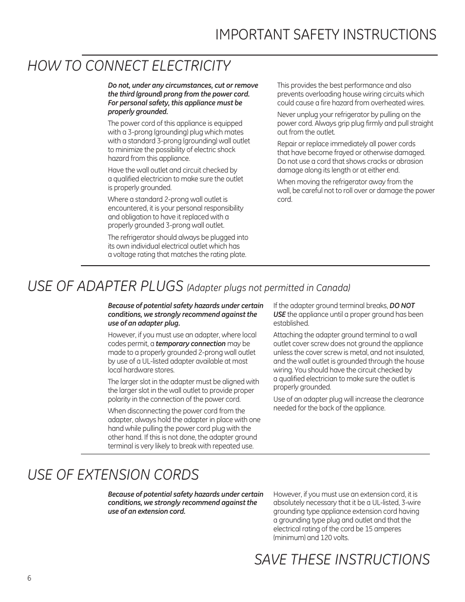 Use of adapter plugs, Use of extension cords, Adapter plugs not permitted in canada) | GE ZFSB25DXSS User Manual | Page 6 / 32