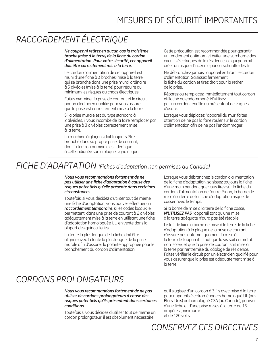 Fiche d’adaptation, Cordons prolongateurs, Fiches d’adaptation non permises au canada) | GE ZFSB25DXSS User Manual | Page 7 / 32