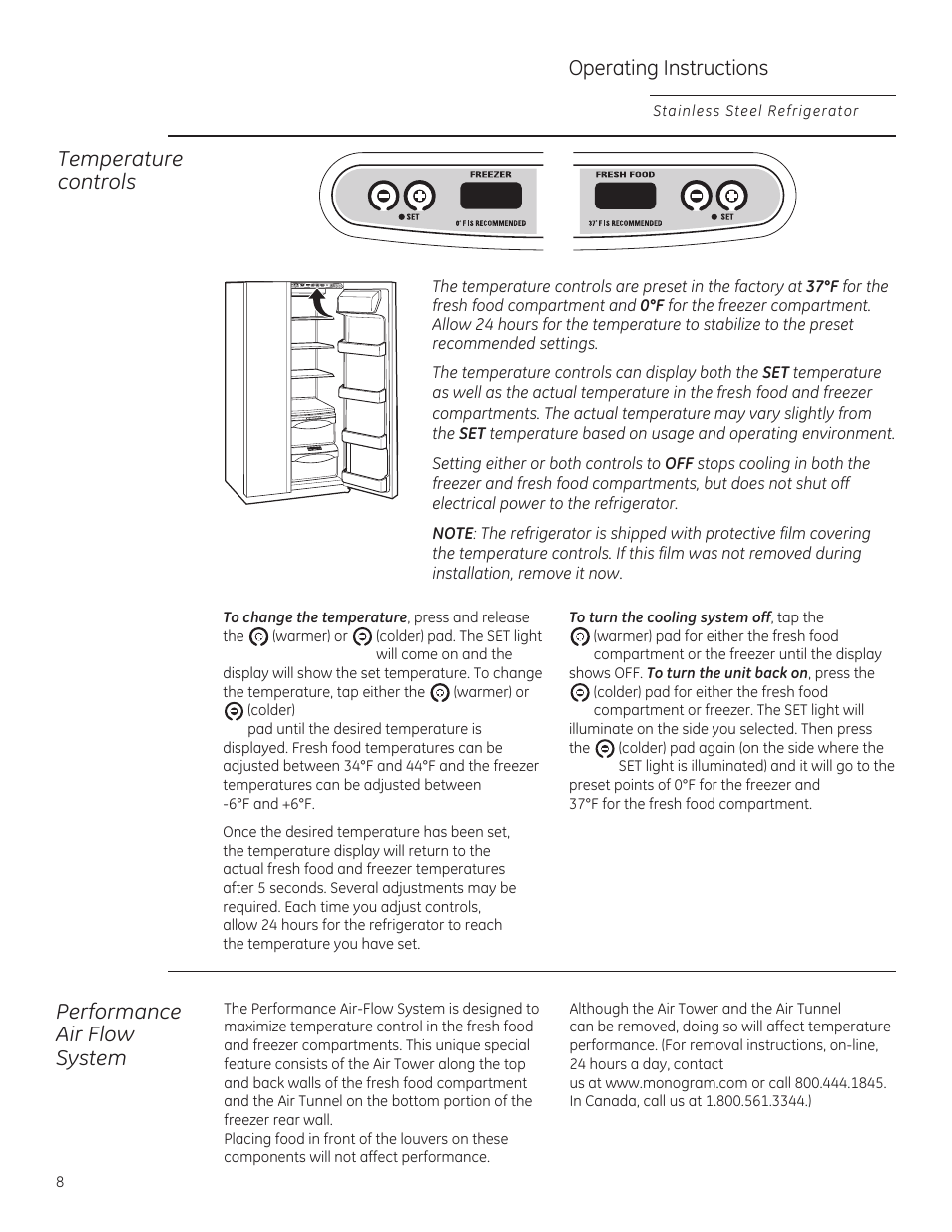 Temperature controls, Operating instructions, Performance air flow system | GE ZFSB25DXSS User Manual | Page 8 / 32