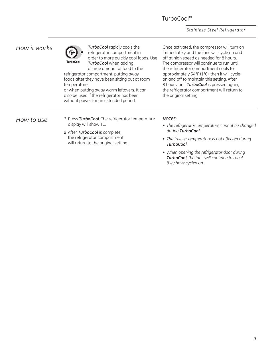 How it works, Turbocool, How to use | GE ZFSB25DXSS User Manual | Page 9 / 32