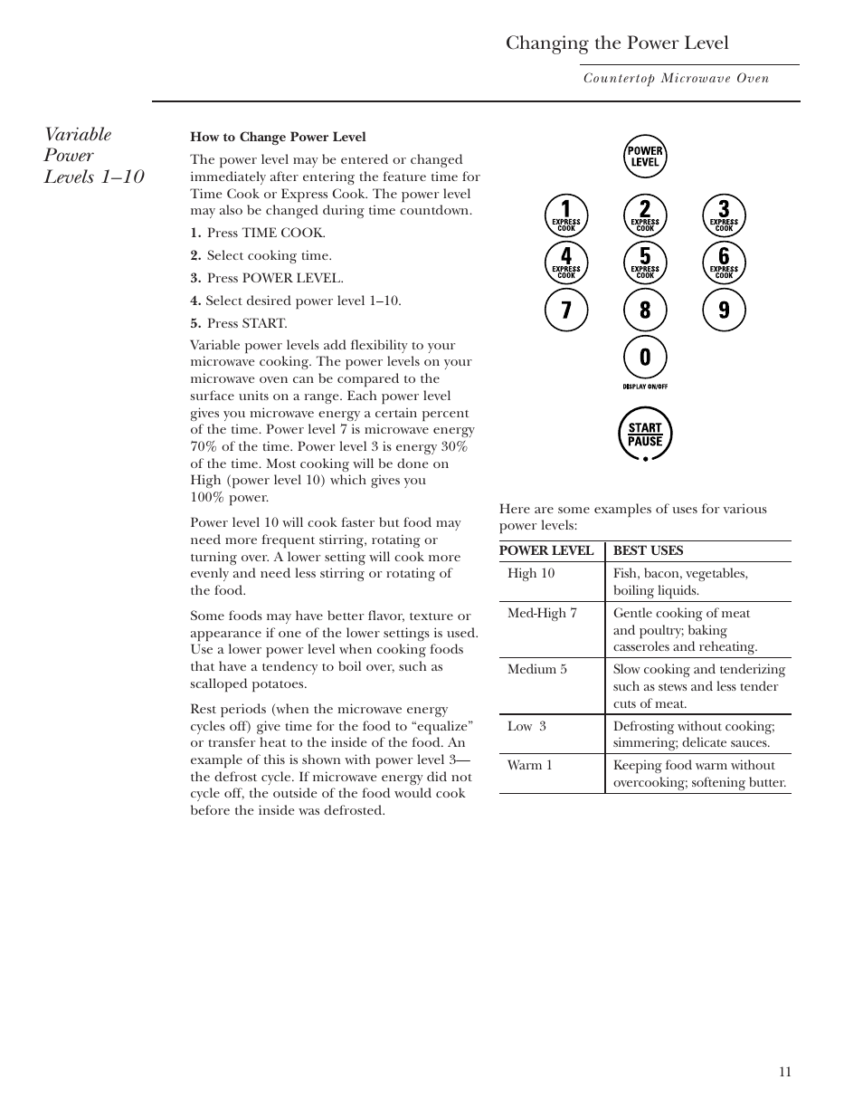 Power levels, Changing the power level, Variable power levels 1–10 | GE ZE2160SF User Manual | Page 11 / 28