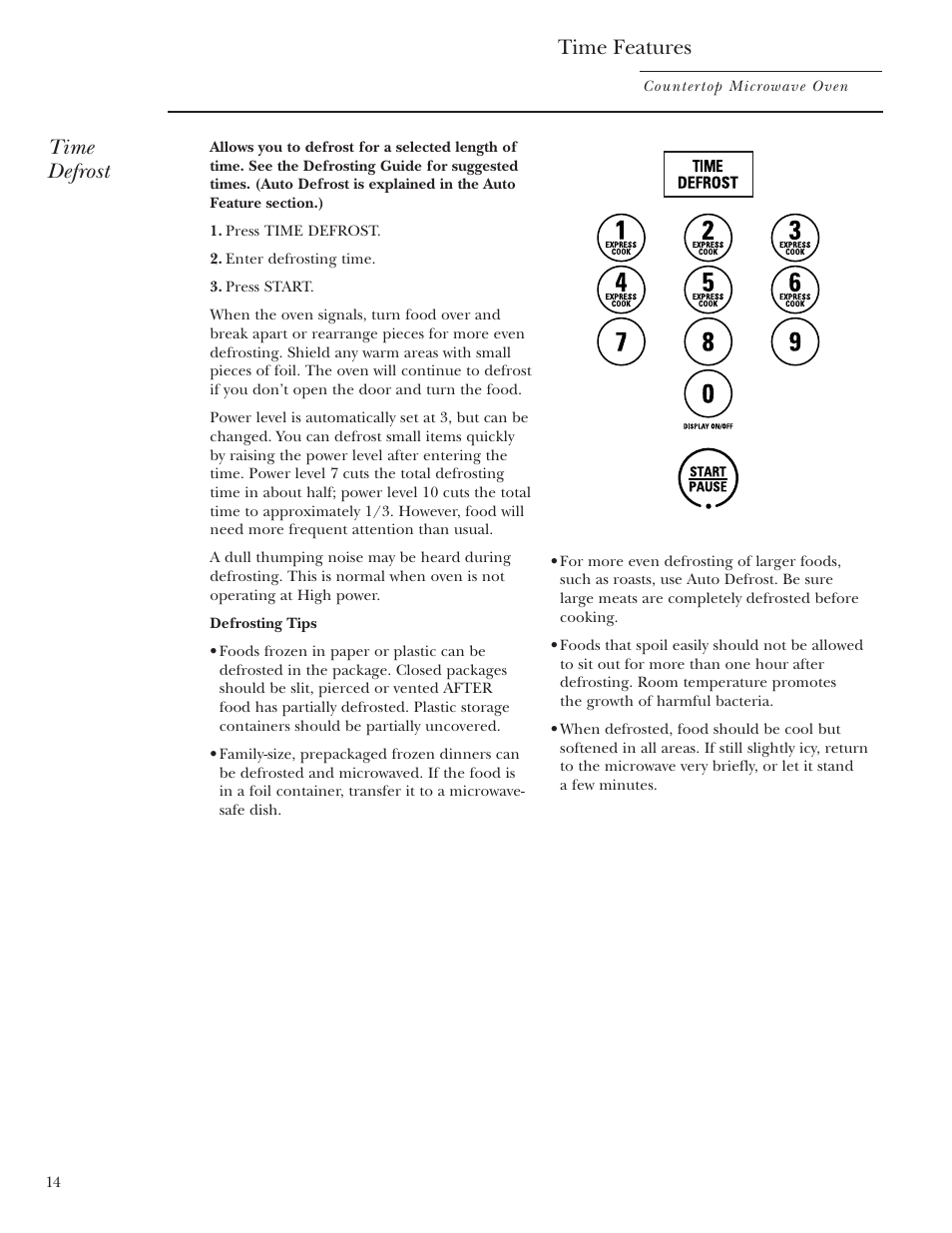 Time defrost, Time features | GE ZE2160SF User Manual | Page 14 / 28