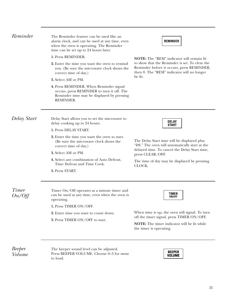 Beeper volume, Delay start, Reminder | Timer on/off | GE ZE2160SF User Manual | Page 21 / 28